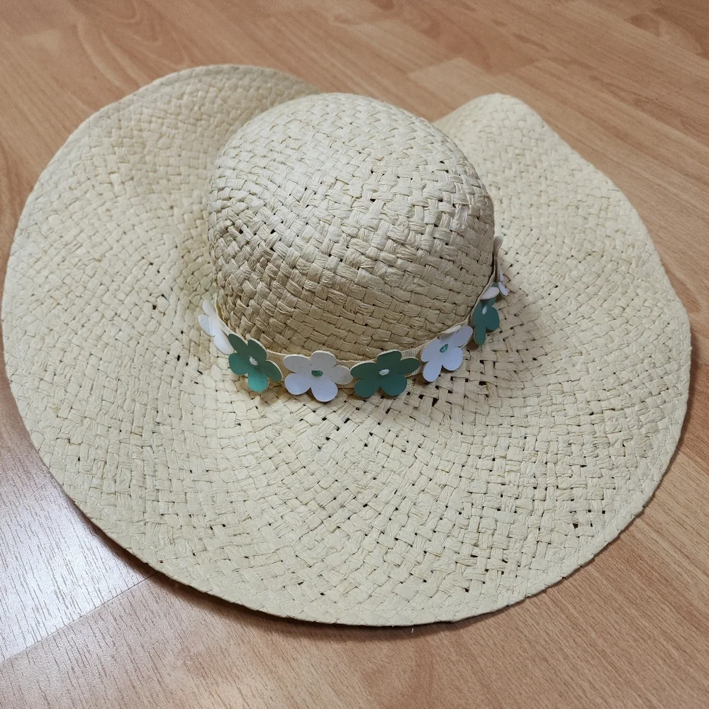 NWT Janie And Jack Straw Hat Green White Floral Size 12-24 Months‎